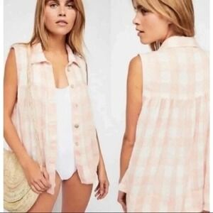 Free‎ People Gingham Babydoll Top Women Small Peach Plaid Button Up Coastal Chic